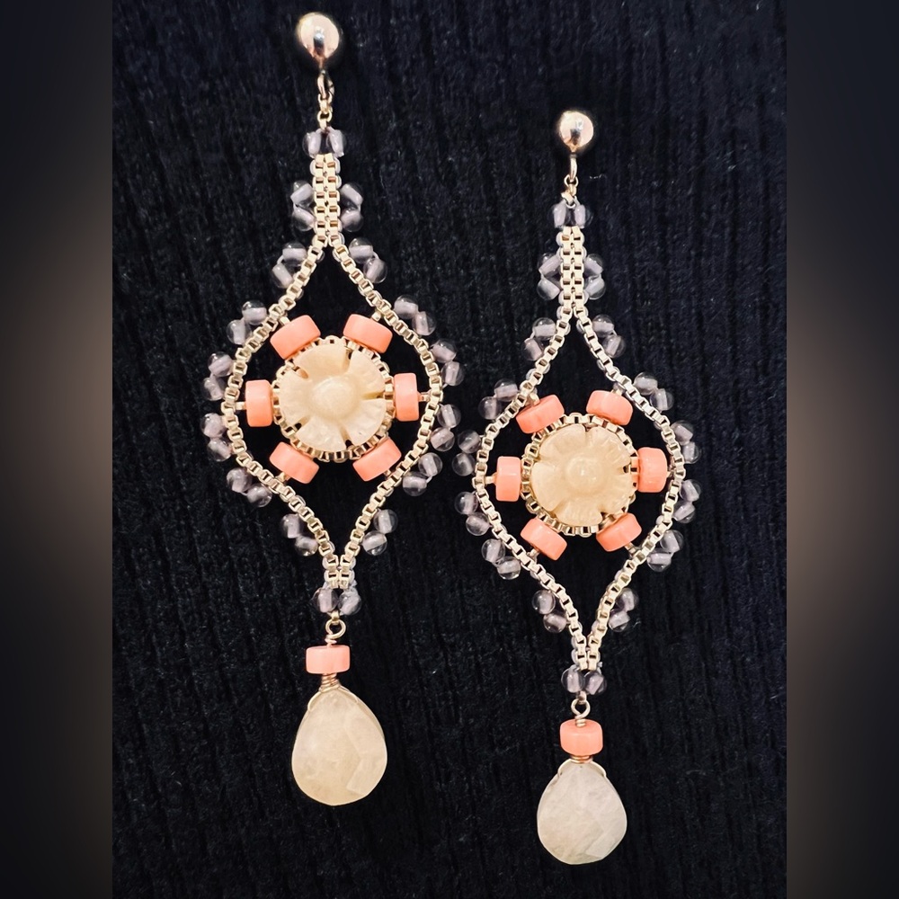 2000’s Coral Lavender Beaded and Gold Plated Dangle Earrings